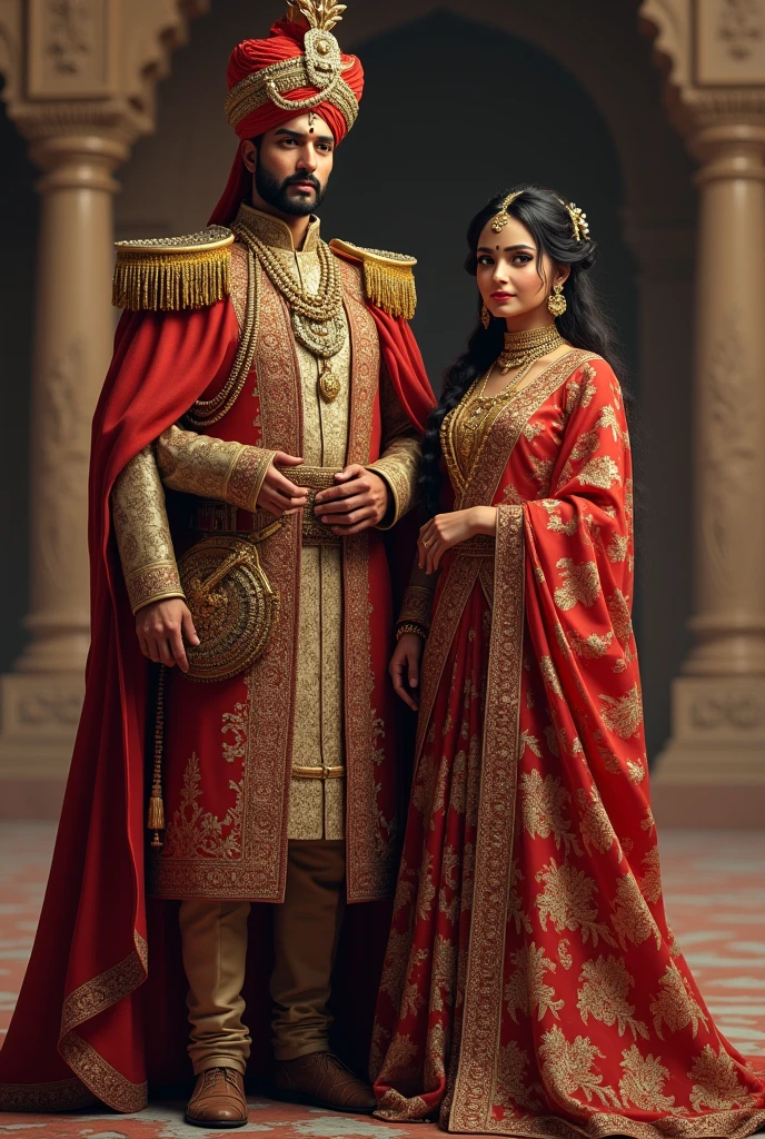 2. **Maharaja Vikram Singh aur Rani Champavati:**
- *Prompt*: "A majestic king, Maharaja Vikram Singh, dressed in royal attire with a stern, brave expression, standing beside his beautiful queen, Rani Champavati. The queen is depicted as graceful and kind-hearted, adorned in traditional Rajasthani attire, with a gentle and wise expression."