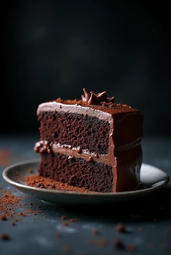 cinematic film still chocolate, chocolate cake, dark background, quality photo, moist texture, frosting, studio photo, slice . shallow depth of field, vignette, highly detailed, high budget, bokeh, cinemascope, moody, epic, gorgeous, film grain, grainy