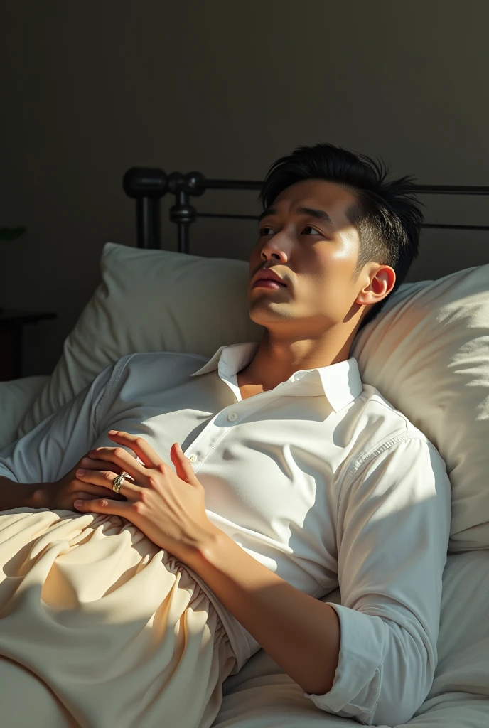 A white man, at 33 years old, with short hair,  clear eyes, wearing a white shirt and a skirt, lying in the bed