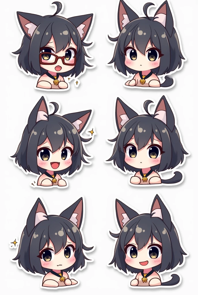 I want to create a series of stickers for WhatsApp and Telegram where the character has white skin, black eyes, black hair, cat ears, glasses, and a spiked necklace around his neck.