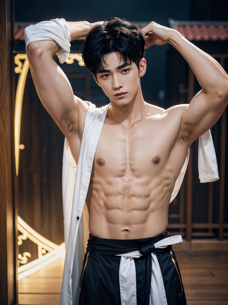 Chinese Men God, Mythology, Chinese odyssy, Handsome young baby face, Topless, Muscles Athlete body, Full Frame, Sexy, Professional Lighting, Hanfu Outfit, Chinese Heaven Background, smooth skin color Underwear, Hanfu Warrior, Hanfu God, Hanfu Male, Hanfu Nobel, Seduce, Sex Appeals, mess curly hair, Alafard man shirtless , muscular body,super handsome, manly, detailed face, manly chin, manly jawline, inspirite by Zhang Han, Cai Xukun, Kim Do-young, Inspired by Bian Shoumin, Inspired by Xiao Yuncong, yihao ren, yanjun cheng, jinyiwei, inspired by Huang Gongwang, xintong chen, Jacket, wearing super tiny skiny brief, lifted arms, shaved armpits, wet cloth, nice juicy butts, bare butts, open legs, Tattoo chest, tattoo hands, tattoo arms, tattoo belly, clear studio light, night ancient chinese Buddhism temple background, detailed background, Chinese themed, the best resolution, 8k, Ultra fullHD, look at the viewer, catching eyes,