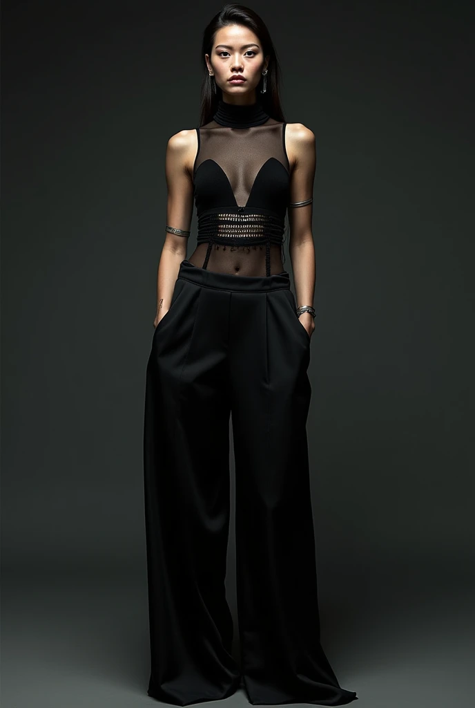 Je voudrais créer un look techno, underground, avec des tissus comme du mesh et du satin. Rather in black tones. Le but est que le look soit à la fois avant garde, epuré, chic et un peu destroy.
J'aime bien l'idée d'un haut en mesh près du corps mais je voudrais que le bas, un pantalon soit ample, large permettant une certaine liberté de mouvement. I like the contrast between fluidity and close-fitting first skin.. Can you also add some touches of metallic or glittery objects?