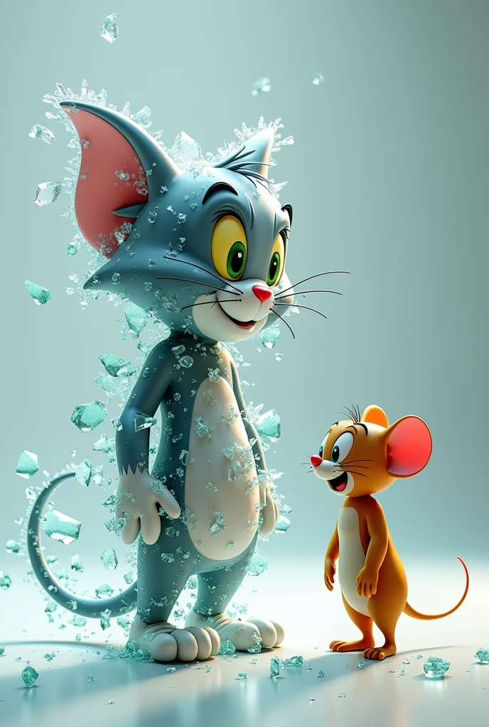 Tom, standing straight pose, but totally broken in pieces like glass & Jerry stand next to him, straight lose, & he's perfectly fine
