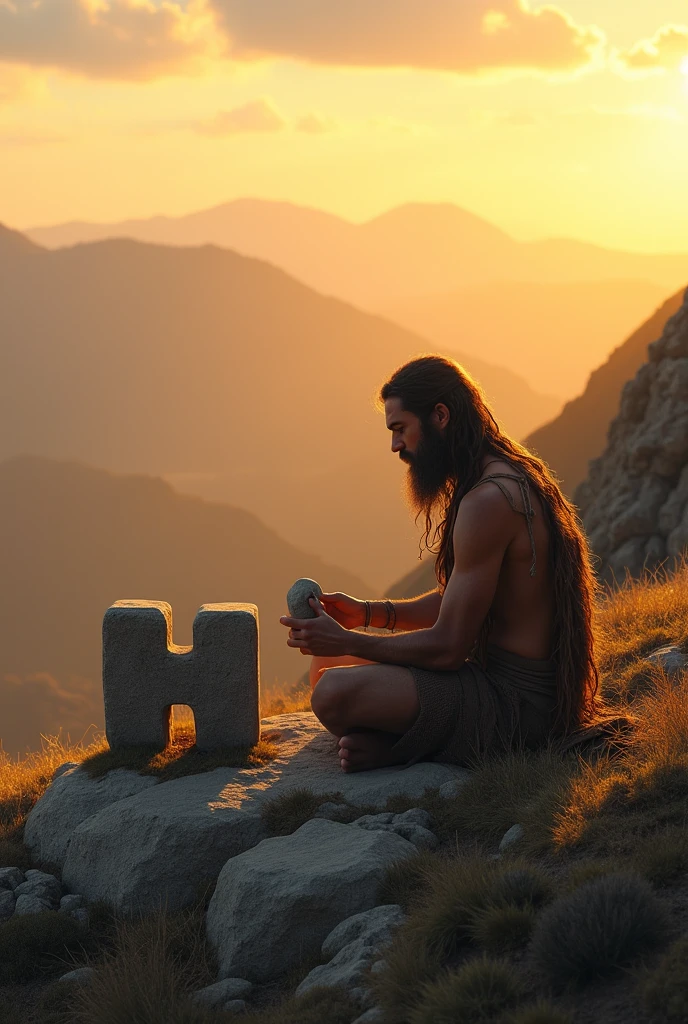 Morning sun rise from hills,stone era man sit and hitting to big stone shape of "11H"