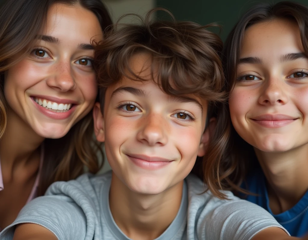 Photo of a  boy with a bit of brown hair,with short hair,black eyes,with detailed face, taking a selfie with friends 