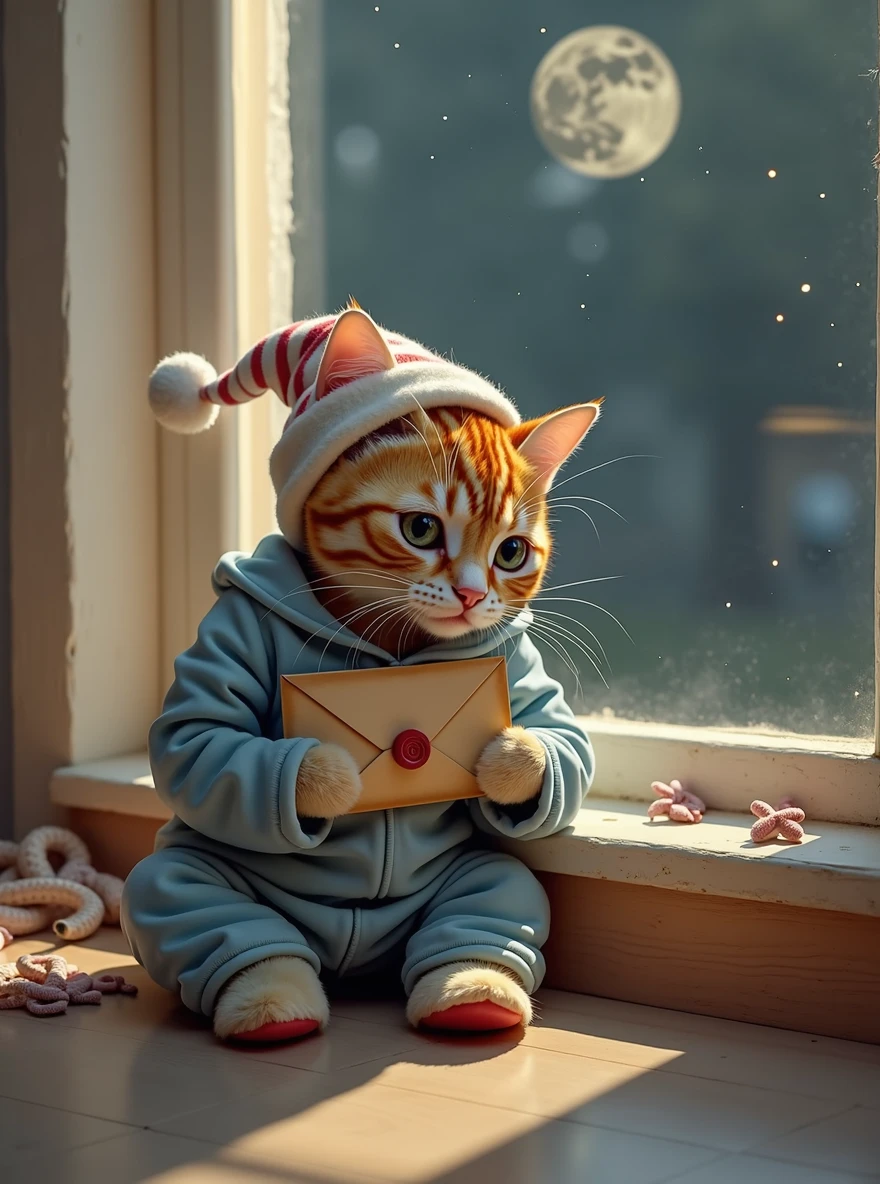 The cat is by the window at home, dressed in light blue pajamas with a small sleeping cap on its head and soft slippers on its feet. It’s holding an old envelope with a red seal. The moonlight streaming through the window adds a touch of mystery to the scene.