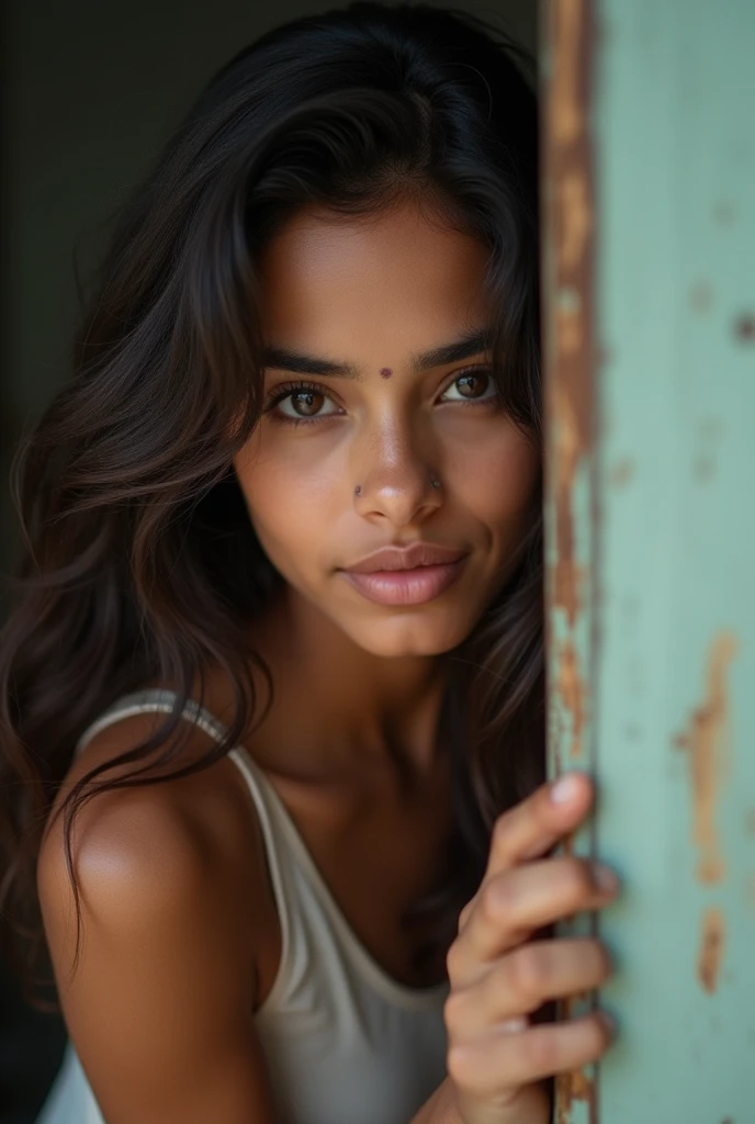 ((1girl from outside window, standing, leaning forward))) looking at viewer ,Perfectly glossy skin, ,22 yo cute girl , indian , picture of a vivid, (masterpiece:1.2),(extremely detailed),(8k:1.1),(perfect lighting,best quality,highres,original),(realistic photography:1.4),(tall image:1.5), ,high detailed skin,shaded face, soft lighting, (small face),RAW, ultra highres, pores visible,