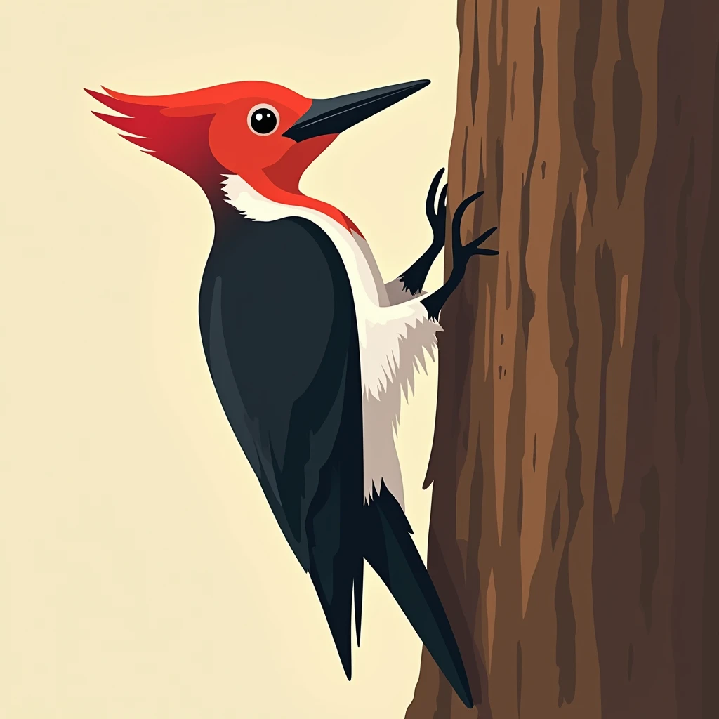 Create a vector image of a woodpecker pecking at a tree trunk, highlighting its distinctive red head and detailed beak with a clean, stylized approach.