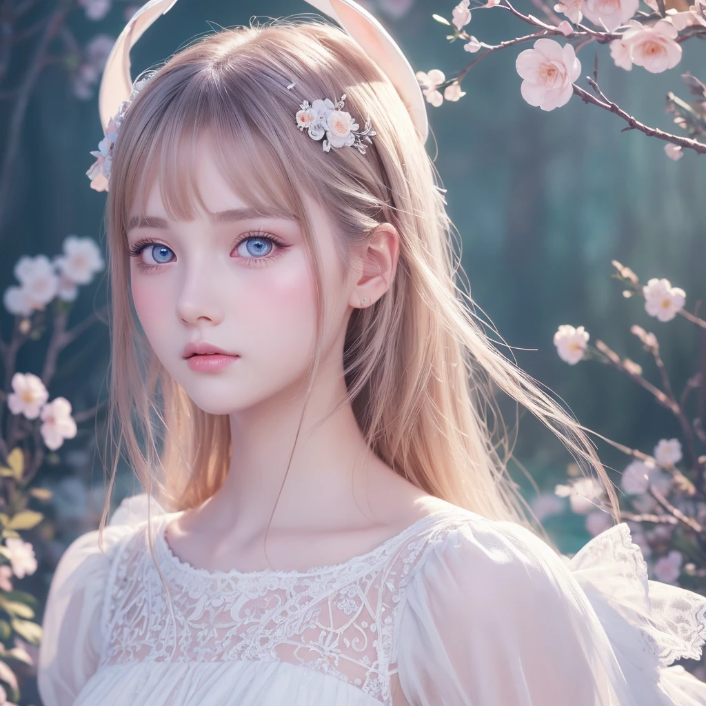 a beautiful young girl, 1girl, white rabbit, dot pattern, illustration, digital art, anime style, highly detailed, intricate details, soft pastel colors, glowing eyes, long lashes, delicate features, elegant pose, serene expression, fantasy, dreamlike, whimsical, ethereal, masterpiece, best quality, 8k, photorealistic