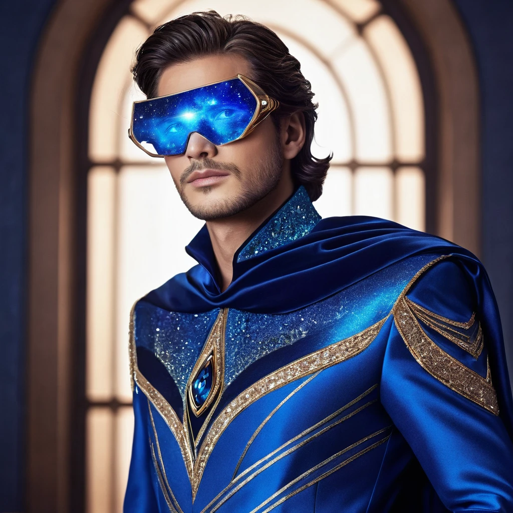 Generates a man with eyes that reflect the galaxy dressed super elegantly in blue clothes and jewelry 