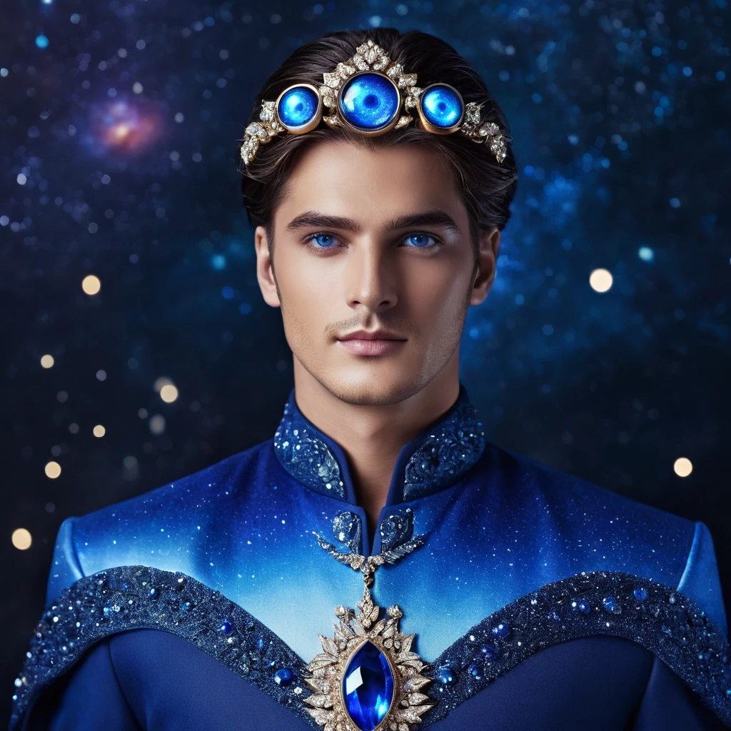 Generates a man with eyes that reflect the galaxy dressed super elegantly in blue clothes and jewelry