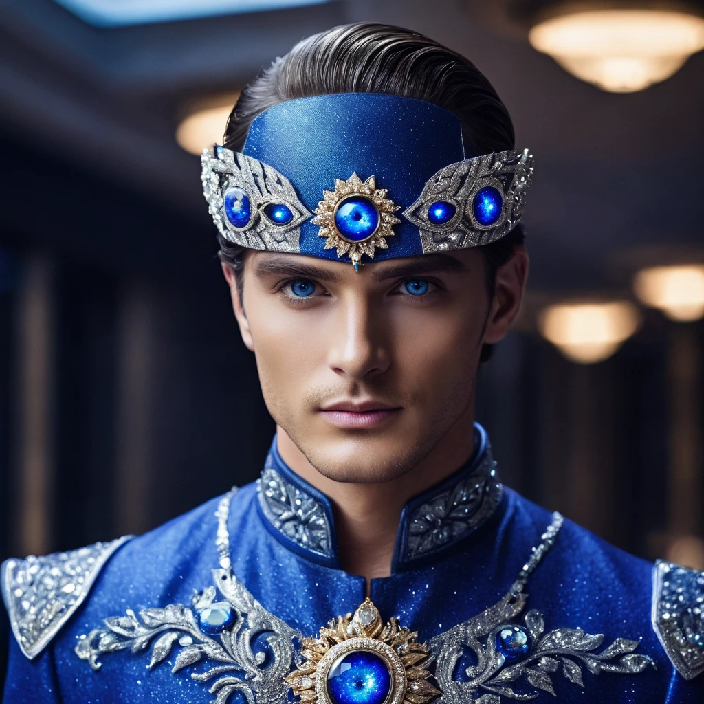 Generates a man with eyes that reflect the galaxy dressed super elegantly in blue clothes and jewelry