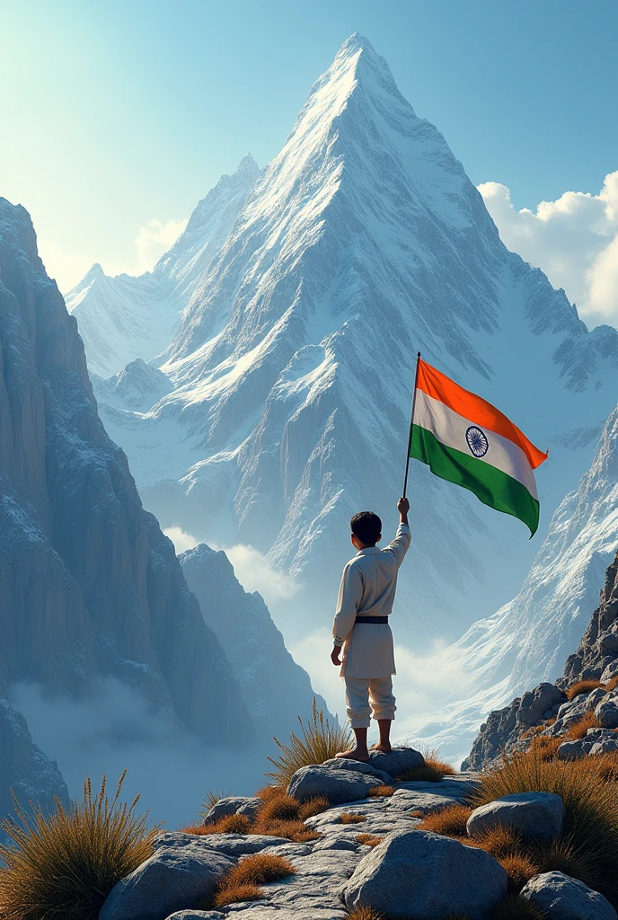 3d Arif khan calligraphy in the mountains and a boy holding Indian flag 