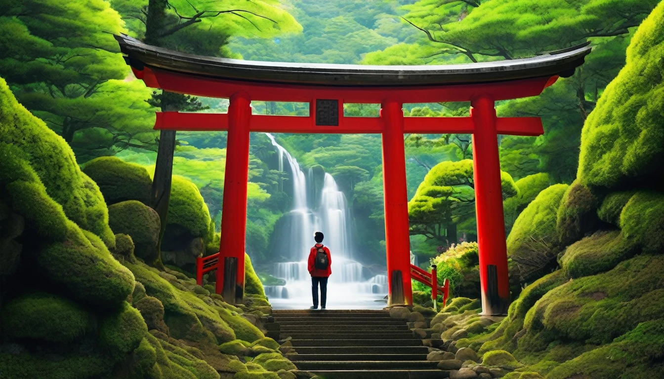 In the mountains、Surrounding Forest、A young Japanese man looks at a shrine with a torii gate in the middle、The red torii gate stands out、There is a shrine behind the torii gate、Moss growing on the stairs、
