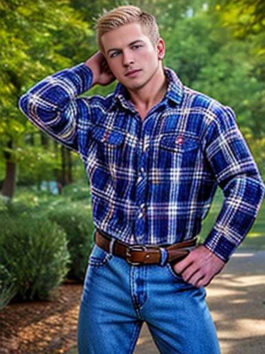 male focus, (ultra_realistic:1.3), (photorealistic:1.4), ((masterpiece)), ((best quality:1.2)), realistic, muscular, manly, ((wearing a tight flannel shirt:1.3)), (he is wearing denim jeans), with belt:1.4), outdoors, looking at viewer, HDR, 8K, absurdres, perfect, intricate detail, cinematic, depth of field, raw photography, short blonde hair, messy fringe, blue eyes, square jaw, solo, 1boy,