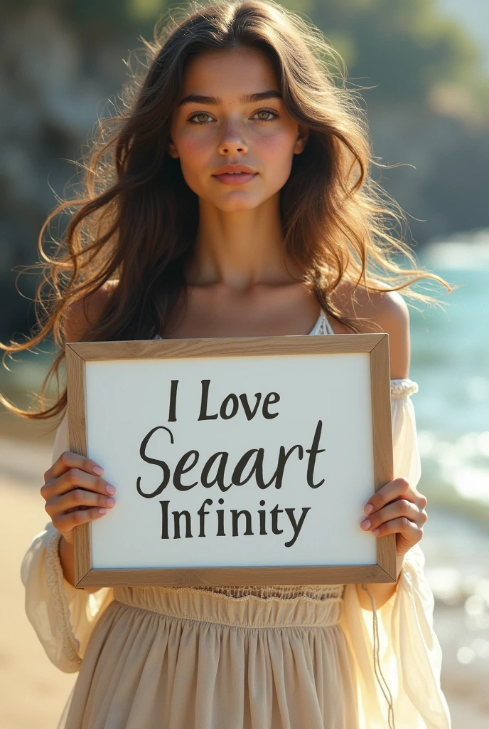 Beautiful girl with wavy long hair, bohemian dress, holding a white board with text "I Love Seaart Infinity" and showing it to the viewer