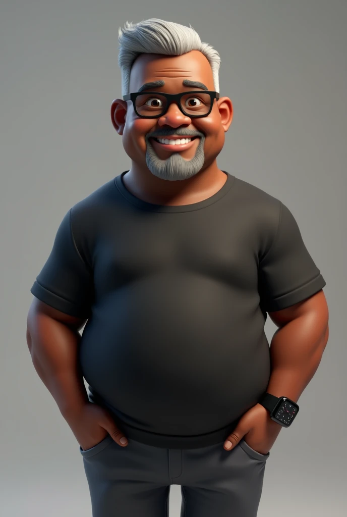 Create a stylized 3D cartoon character of a middle-aged black man with very short hair, wearing modern black glasses. The character should have a broad build but without a belly or muscular physique, and a friendly expression, but not smiling. His skin tone is dark brown with a warm undertone. The man has only two prominent vertical wrinkles on his forehead between his eyebrows. His beard is trimmed and sparse, with more white hairs on the chin and the rest being dark gray. His hair is gray, extremely short on top, styled to the right side, and shaved on the sides. The man has hairy arms and does not wear any accessories or jewelry, except for a black smartwatch. He is looking directly at the camera, not cross-eyed, and not smiling. The man is dressed in an oversized black t-shirt and dark gray pants without a belt. The character should be rendered in a stylized, animation-style, with a Pixar-like quality, using Arnold Maya render or toon Keyshot render. The rendering should be high quality, with cinematic lighting, sharp focus, detailed textures, detailed skin, clay-like finish, and bokeh effects in 8K resolution.