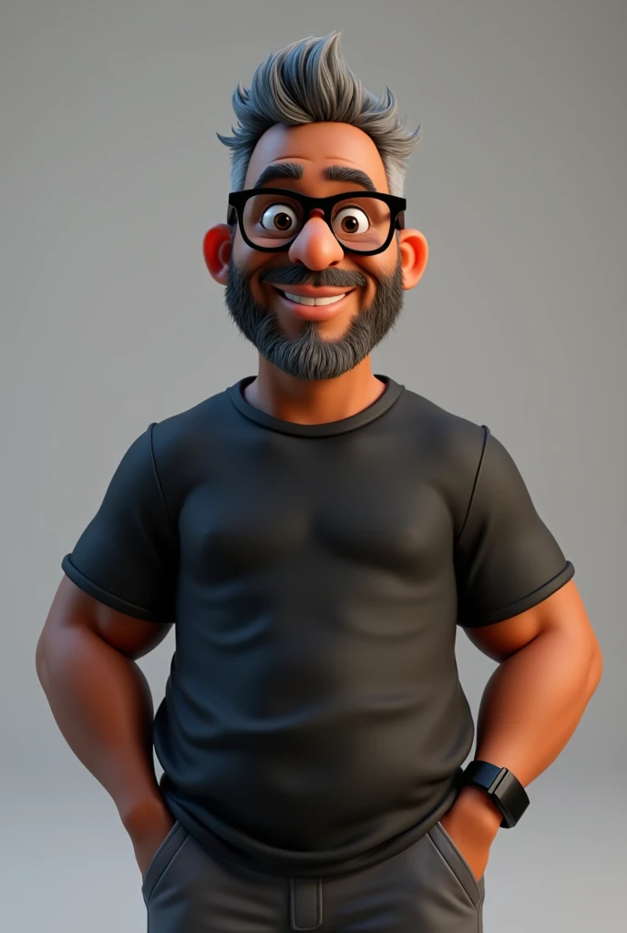 Create a stylized 3D cartoon character of a middle-aged black man with very short hair, wearing modern black glasses. The character should have a broad build but without a belly or muscular physique, and a friendly expression, but not smiling. His skin tone is dark brown with a warm undertone. The man has only two prominent vertical wrinkles on his forehead between his eyebrows. His beard is trimmed and sparse, with more white hairs on the chin and the rest being dark gray. His hair is gray, extremely short on top, styled to the right side, and shaved on the sides. The man has hairy arms and does not wear any accessories or jewelry, except for a black smartwatch. He is looking directly at the camera, not cross-eyed, and not smiling. The man is dressed in an oversized black t-shirt and dark gray pants without a belt. The character should be rendered in a stylized, animation-style, with a Pixar-like quality, using Arnold Maya render or toon Keyshot render. The rendering should be high quality, with cinematic lighting, sharp focus, detailed textures, detailed skin, clay-like finish, and bokeh effects in 8K resolution.
