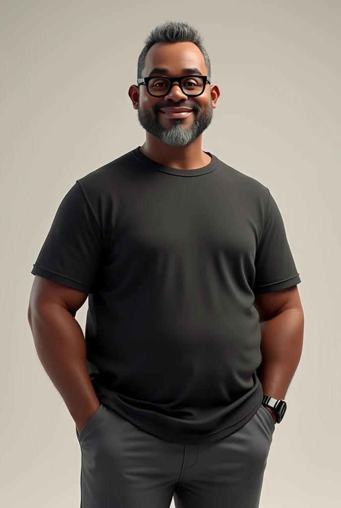 Create a stylized 3D cartoon character of a middle-aged black man with very short hair, wearing modern black glasses. The character should have a broad build but without a belly or muscular physique, and a friendly expression, but not smiling. His skin tone is dark brown with a warm undertone. The man has only two prominent vertical wrinkles on his forehead between his eyebrows. His beard is trimmed and sparse, with more white hairs on the chin and the rest being dark gray. His hair is gray, extremely short on top, styled to the right side, and shaved on the sides. The man has hairy arms and does not wear any accessories or jewelry, except for a black smartwatch. He is looking directly at the camera, not cross-eyed, and not smiling. The man is dressed in an oversized black t-shirt and dark gray pants without a belt. The character should be rendered in a stylized, animation-style, with a Pixar-like quality, using Arnold Maya render or toon Keyshot render. The rendering should be high quality, with cinematic lighting, sharp focus, detailed textures, detailed skin, clay-like finish, and bokeh effects in 8K resolution.
