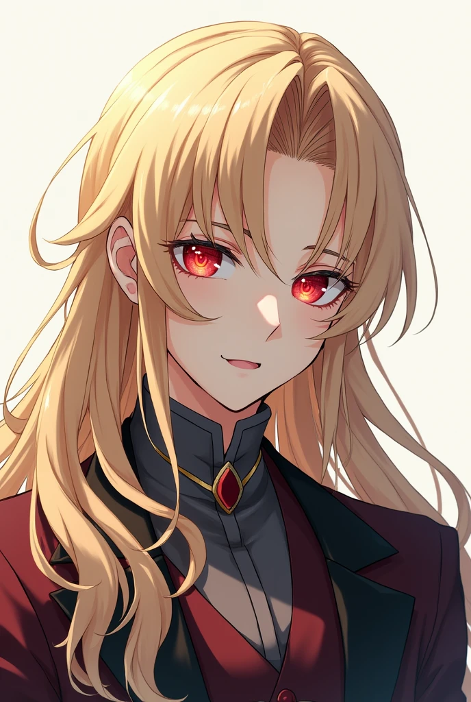 The guy has long, light blond hair. ,red eyes, White skin ,185cm tall is handsome anime