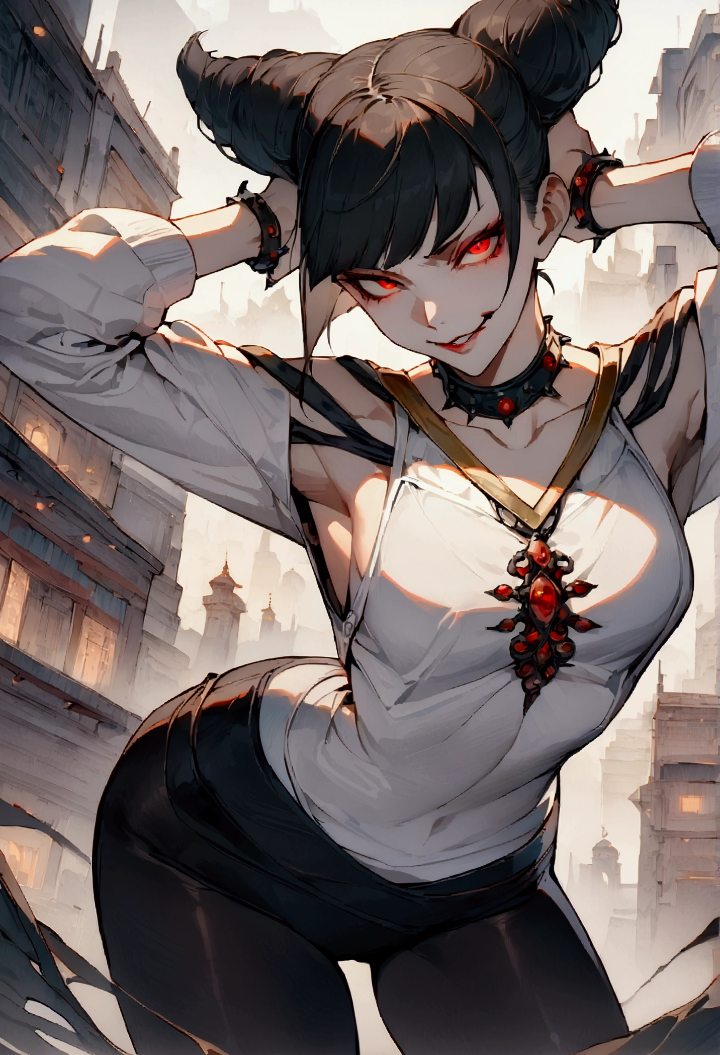 standing,alone,short hair,work of art,face detailed,young fitness linda,Wearing black pantyhose,tight white sweater with collar ,neckleace,evil smile,red eyes glowing,labiaa,eye shadow,bangs on the eyes,Hands behind the head ,background city