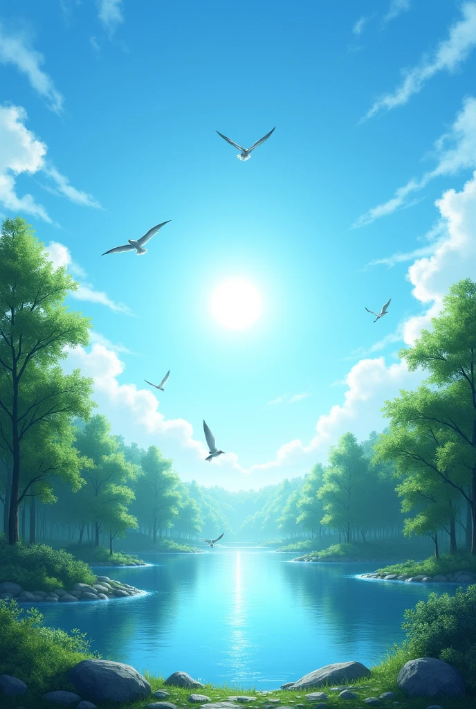 Sky and sun and tree and birds and water