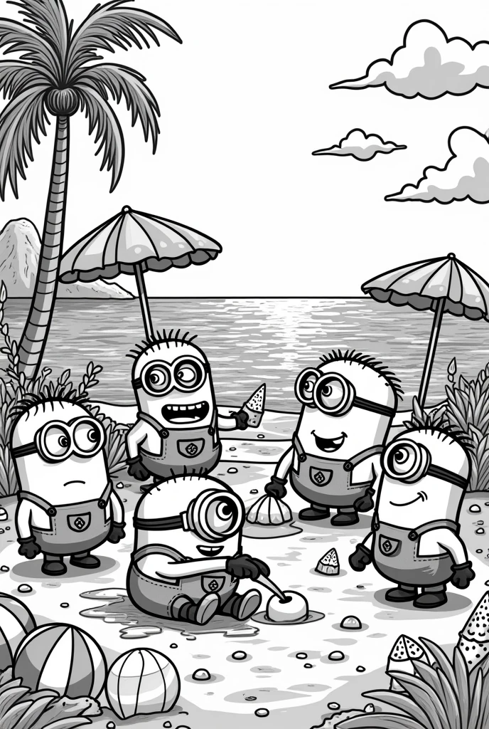 Create a coloring page that represents summer with the minions