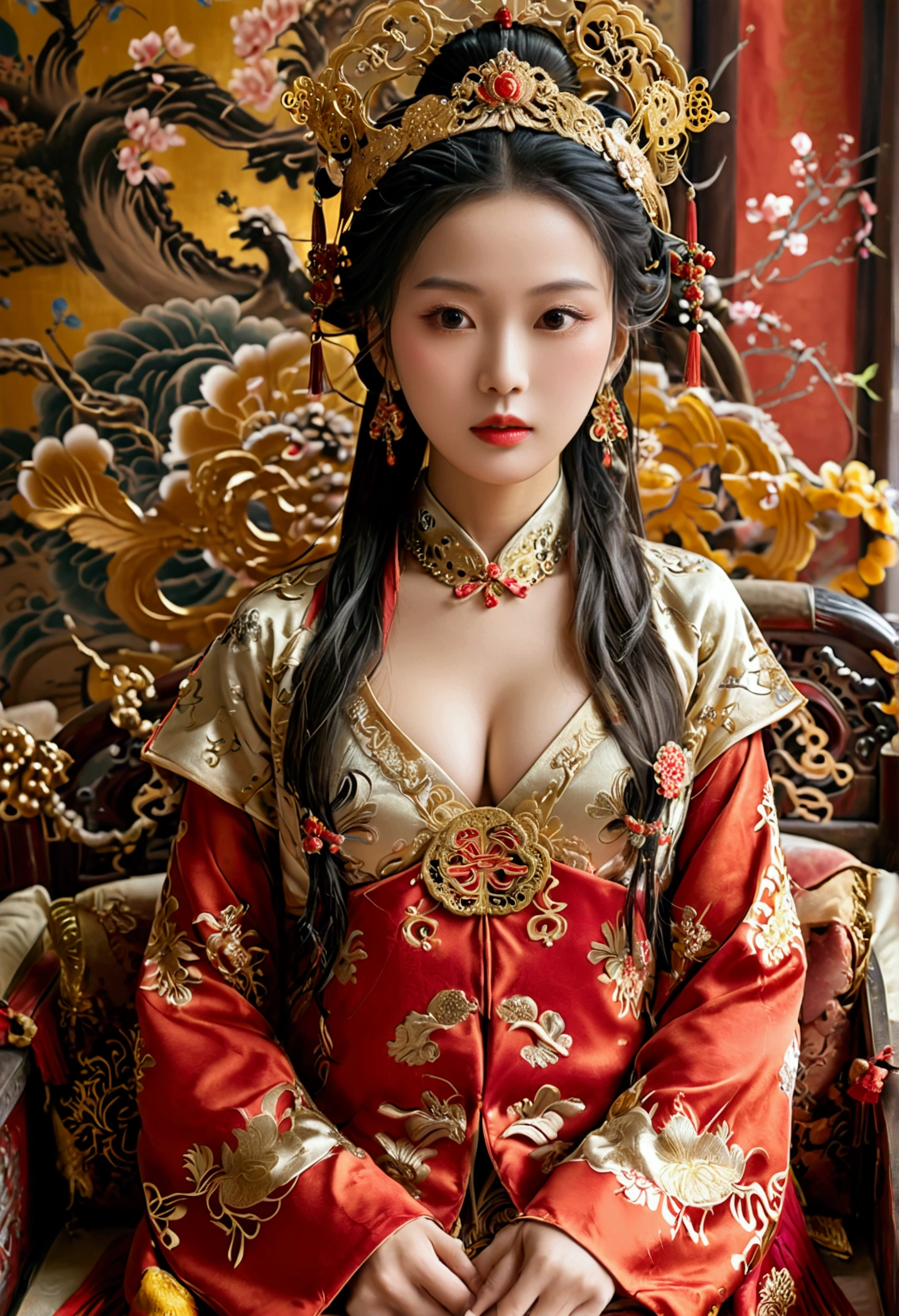 A gorgeous empress of the Chinese court during the Qing Dynasty, naked with big breasts on a golden sofa, spreading one's legs open wide with knees bent,creating the shape of the letter M(Porn Pose) A gorgeous Chinese imperial empress with her hair tied on both sides and wearing a crown、Background of kinky and erotic woman tying her hair、The story is set in the luxurious rooms of an empress in the Chinese imperial court during the Qing dynasty.。