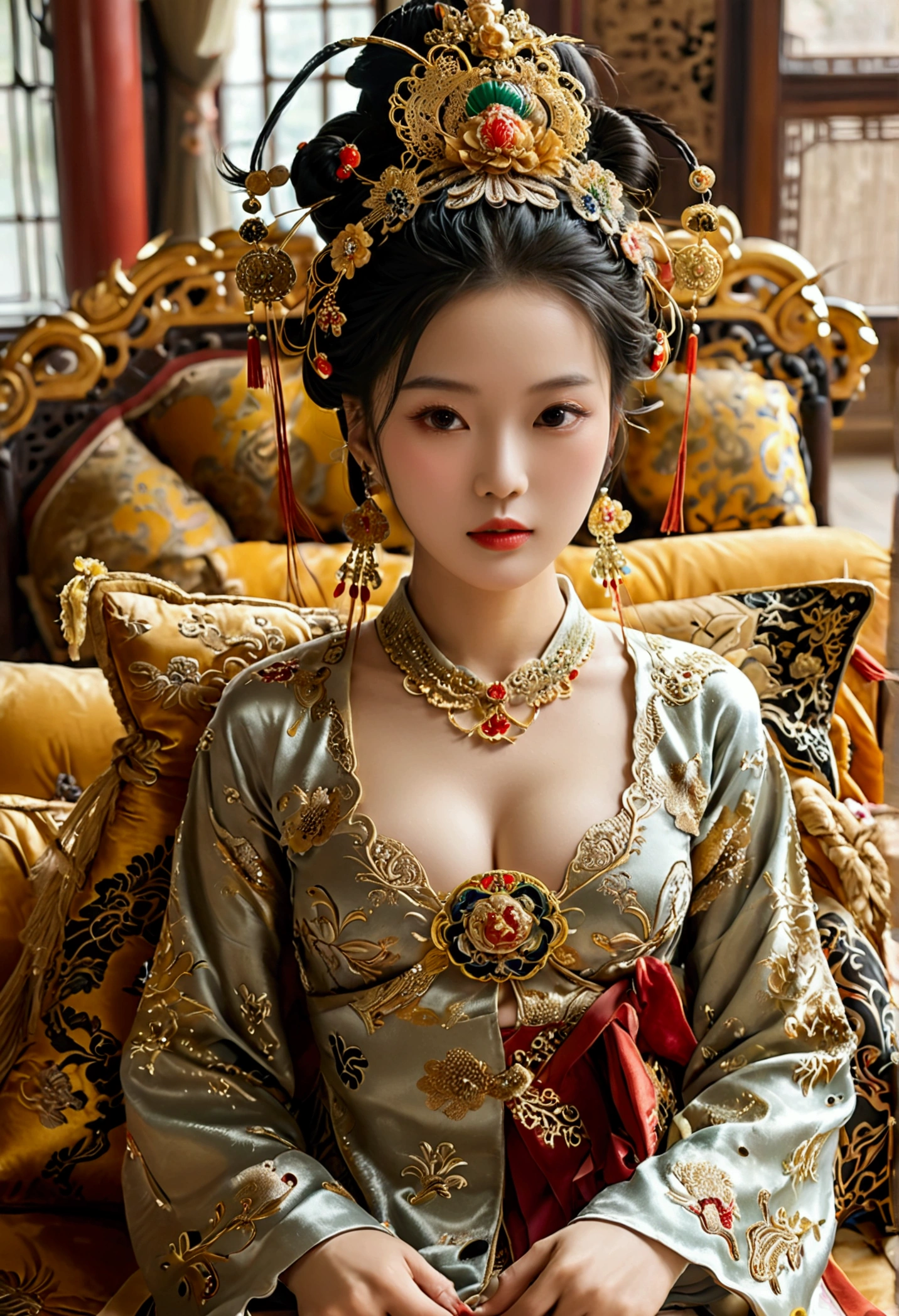 A gorgeous empress of the Chinese court during the Qing Dynasty, naked with big breasts on a golden sofa, spreading one's legs open wide with knees bent,creating the shape of the letter M(Porn Pose) A gorgeous Chinese imperial empress with her hair tied on both sides and wearing a crown、Background of kinky and erotic woman tying her hair、The story is set in the luxurious rooms of an empress in the Chinese imperial court during the Qing dynasty.。