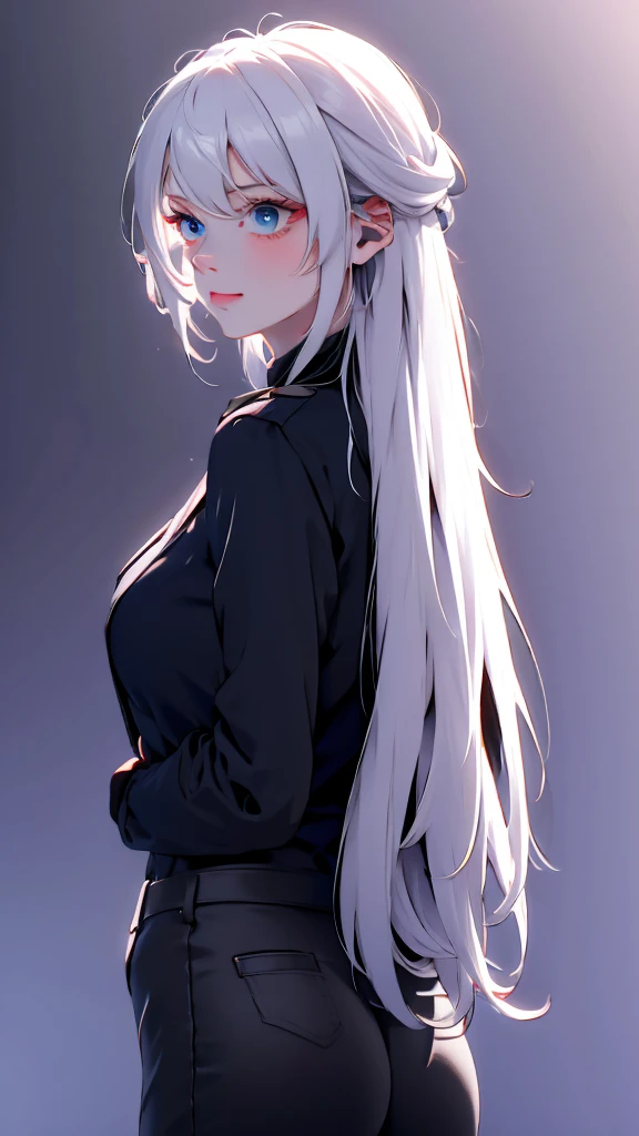 1 Girl, medium light white hair, light blue eyes, wearing Black Suit 4D , night club TOWN , high res, ultrasharp, 8K, masterpiece, looking from behind