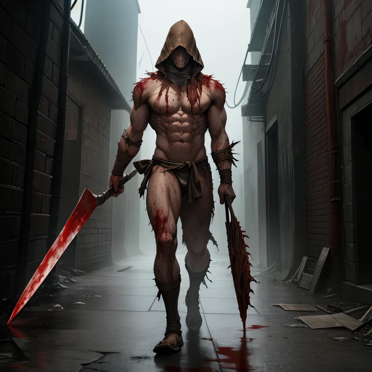 Pyramid Head, Silent Hill, horror, shirtless, muscle, blood and rust, a loincloth made of spliced human skin. He holds a large rusty butcher knife in his hand and drags it across the floor. Monster. sexual. The material of the pyramid head is old metal that is fastened with large screws.