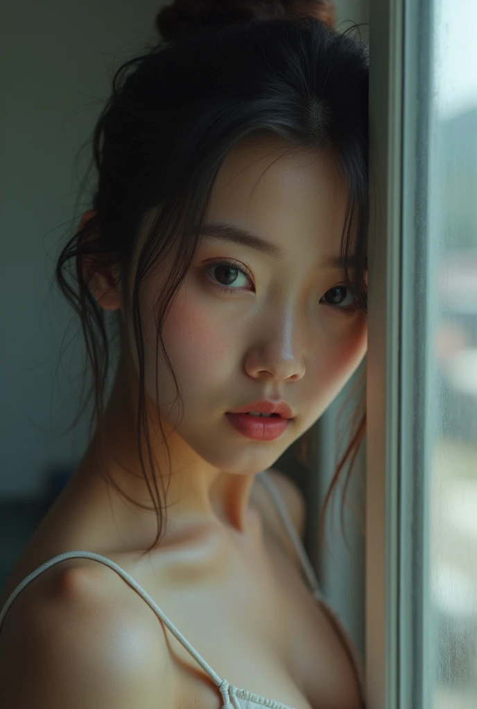 ((1girl from outside window, standing, leaning forward))) looking at viewer ,Perfectly glossy skin, ,22 yo cute girl , , picture of a vivid, (masterpiece:1.2),(extremely detailed),(8k:1.1),(perfect lighting,best quality,highres,original),(realistic photography:1.4),(tall image:1.5), ,high detailed skin,shaded face, soft lighting, (small face),RAW, ultra highres, pores visible,