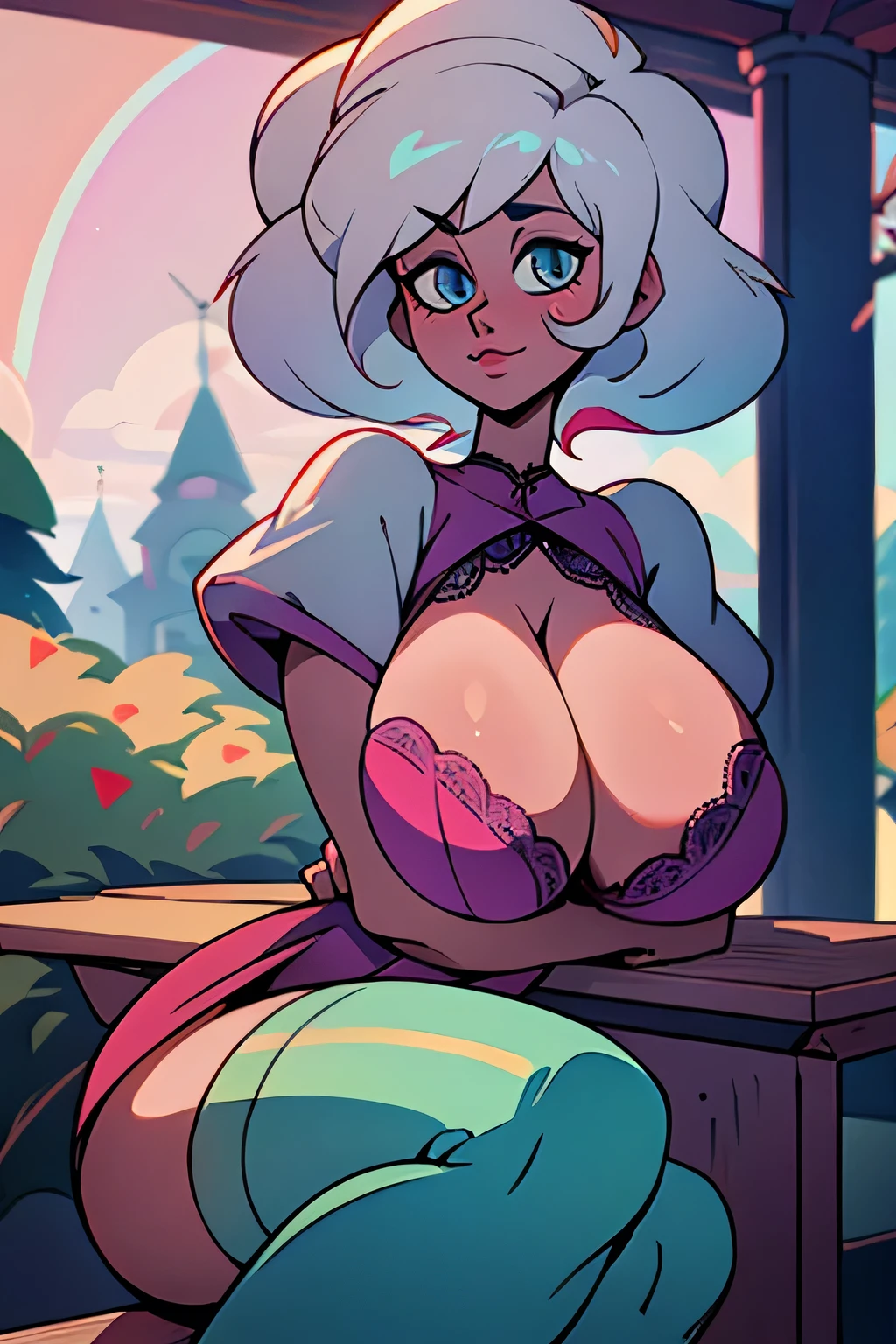 work of art, best qualityer, ultra detali, illustration, colorfully, Fall color, Depth of field, Lens flare, 1 girl, end \(League of Legends\), hair blue, blue colored eyes, gradient hair, twintails, hair ornament, アニメ, (shortstack), (shortstackBT), (close up), (trunk), sitting down, gazing at viewer, schoolyard, class room, only underwear, lace lingerie, lace trim panties, low height, へそ, Detailed texture skin, beautifull detailed face, ssmile, seducer, attractive costume, clavicle, (gigantic breastss, saggy breasts, Breasts huge, curved, voluptuous, curved), (hands on hips)