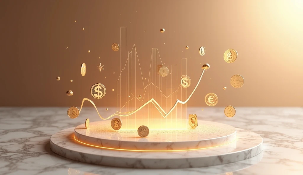 Business style image in coffee colors, all over the image in different places all over the image in zero gravity, translucent graphs fly, dollar signs, cryptocurrencies and euro, background marble slab