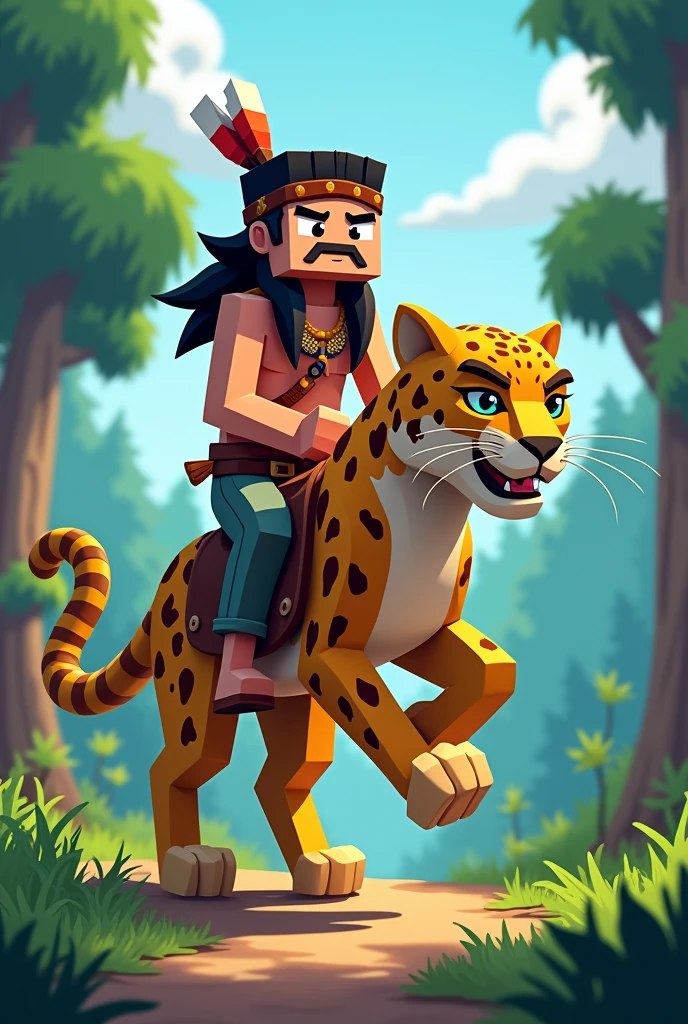 Native Steve riding a leopard Minecraft 2d style