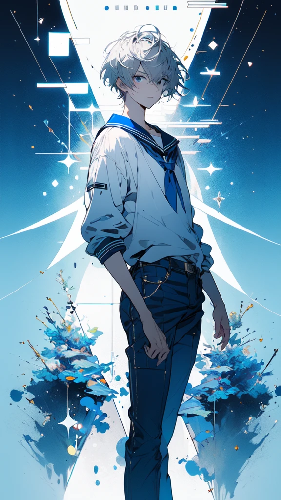 Beautiful young man,Silver Hair,short hair,blue eyes,Blue slacks,Sailor collar,Resort,Blue sky,Blinking Light,