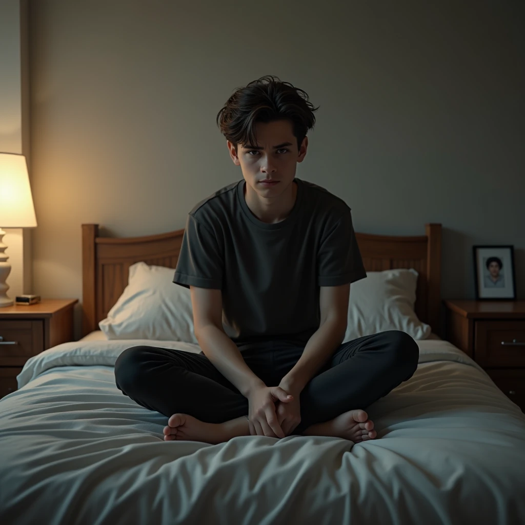 (photorealism:1.2), sad teenager man, Sitting on the bed, remembering his ex