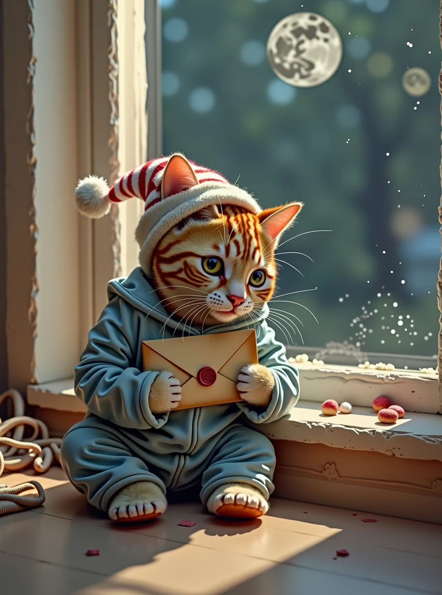 The cat is by the window at home, dressed in light blue pajamas with a small sleeping cap on its head and soft slippers on its feet. It’s holding an old envelope with a red seal. The moonlight streaming through the window adds a touch of mystery to the scene.