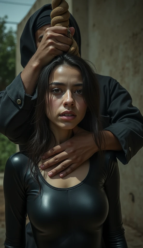 man tightening rope noose around moroccan woman neck, latex pvc bodysuit,-yeld wo, man putting rope around woman's neck, womanserious expression, woman empty expression, wide-eyed, scared, execution by hanging, gallows