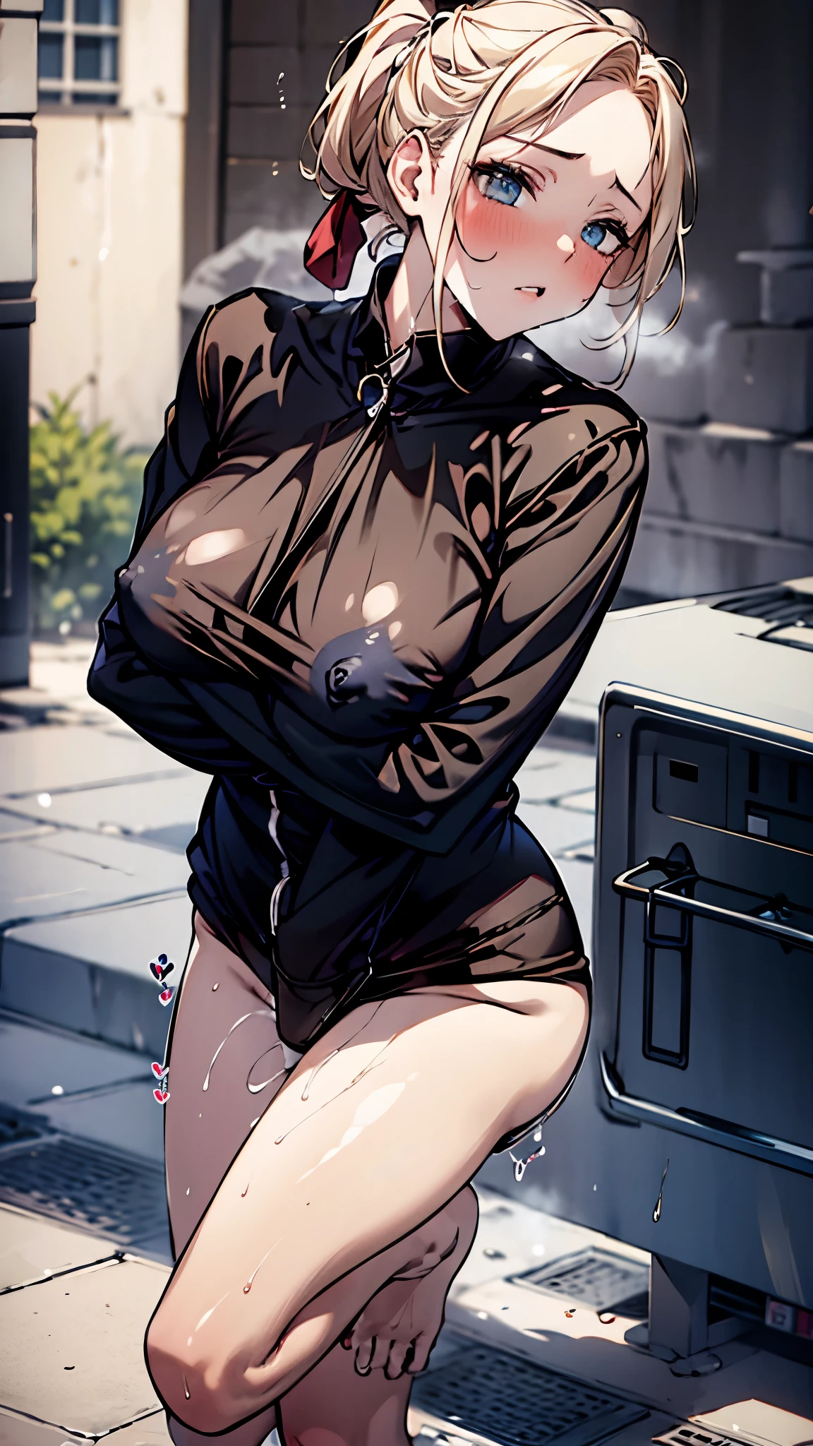 (nsfw), Big Breasts, beautiful girl, 1 Girl, (alone:1.3), ditch, hot spring, Outdoor, Suit jacket, Hug your feet, of course(Blue Archive), Medium chest, Blonde, Braid, Folded ponytail, Hair Ribbon,