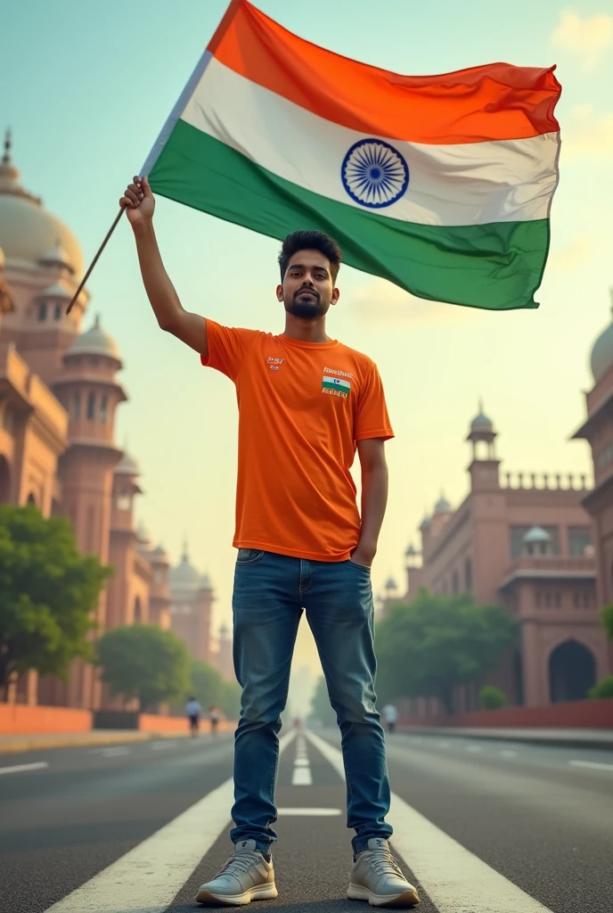 A real 25 years old man, Wearing Orange T shirt blue jeans sneakers and the name “Anam. abu. Afzal. ” is written on his t-shirt and the boy is standing on the road with holding a national flag of India, and behind him is the india. And written on sky “Independence Day” Create Realistic image high quality