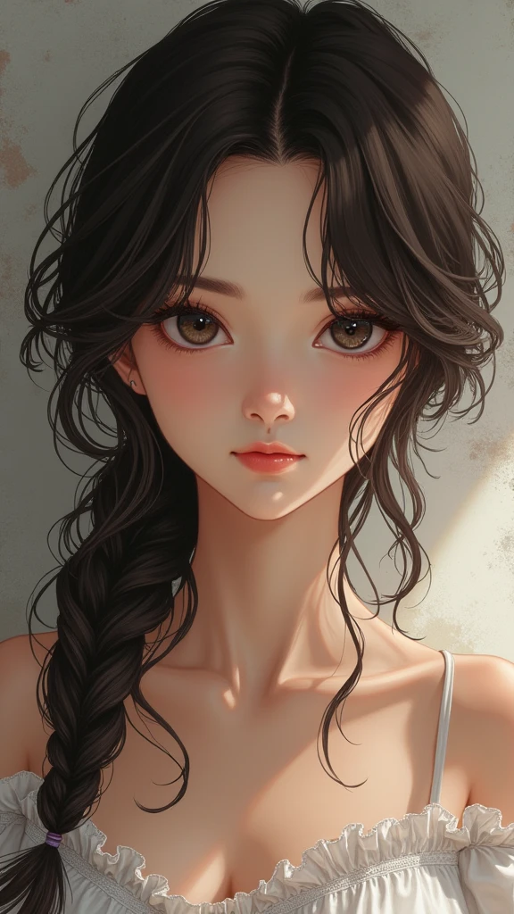 Create a 43 year old anime woman with black eyes and brown hair