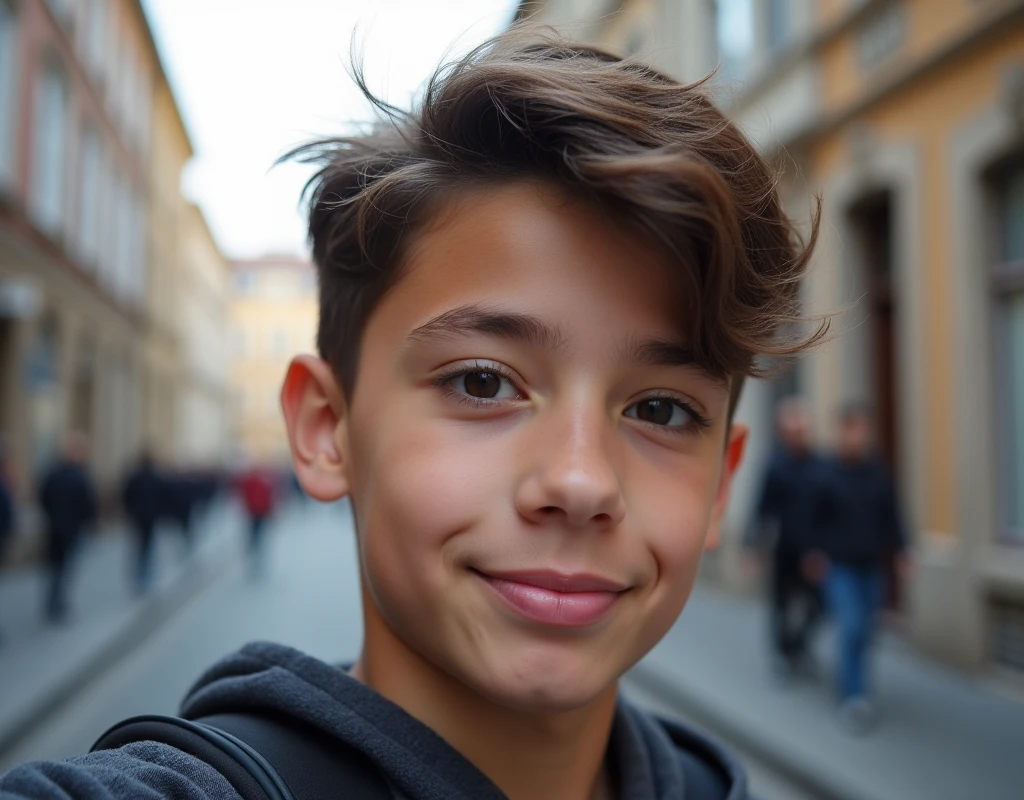 Photo of a  boy with a bit of brown hair,with short hair,black eyes,with detailed face, entrain de prendre un selfie dans la rue 