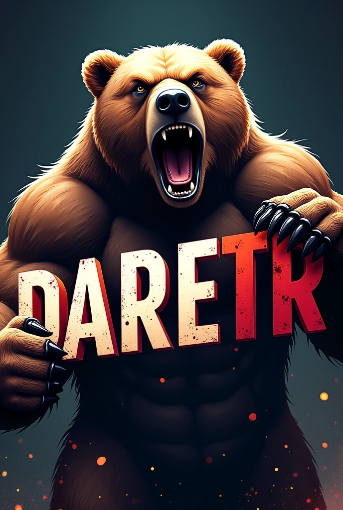 Create a banner for YouTube where it says DARETR and at the end of the last letter of the R there is a muscular bear holding the letter so it doesn't fall.