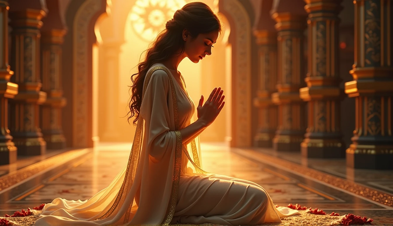 a woman kneeling in prayer,detailed face,beautiful eyes,detailed lips,long eyelashes,elegant female,detailed clothing,intricate background,ornate architecture,dramatic lighting,cinematic composition,epic fantasy,ethereal atmosphere,glowing aura,vibrant colors,photorealistic,8k,masterpiece