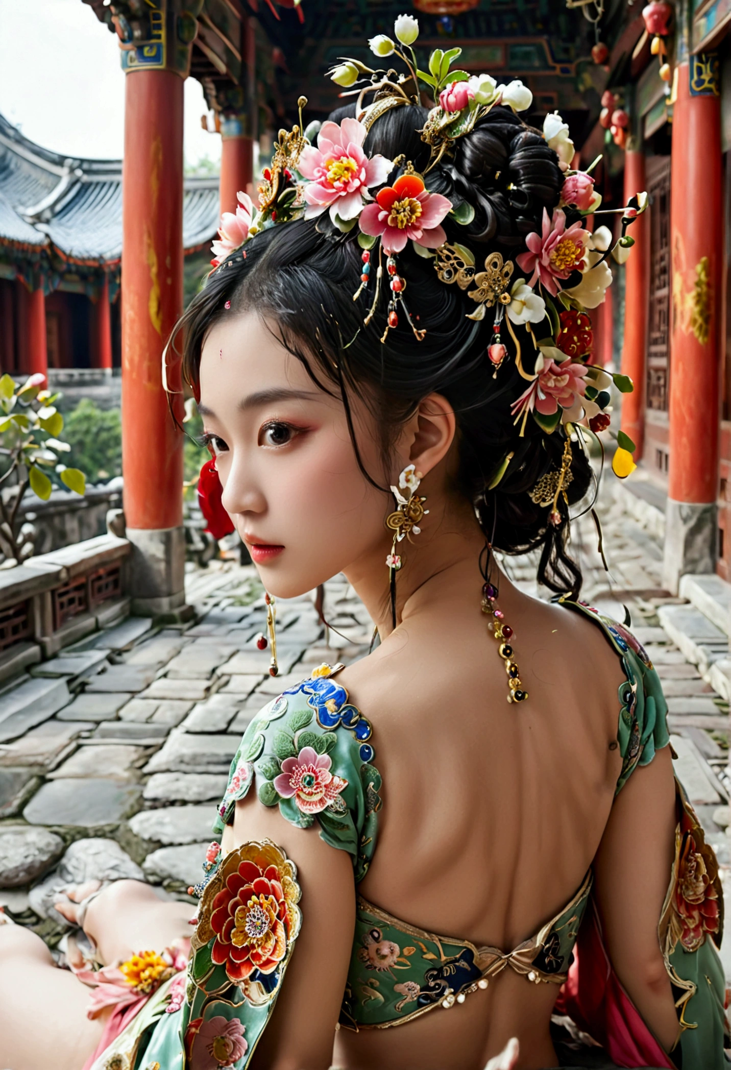 A woman seen from the front, bent over on the ground facing forward, legs spread apart, busty and naked, wearing a crown and showing her thighs and feet from below, in the Chinese imperial court of the Qing dynasty.。She is completely naked, showing off her gorgeous large flowers and hairpins, her hair tied up and pulled up, and the background is the stone paving of the Chinese palace of the Qing Dynasty.
