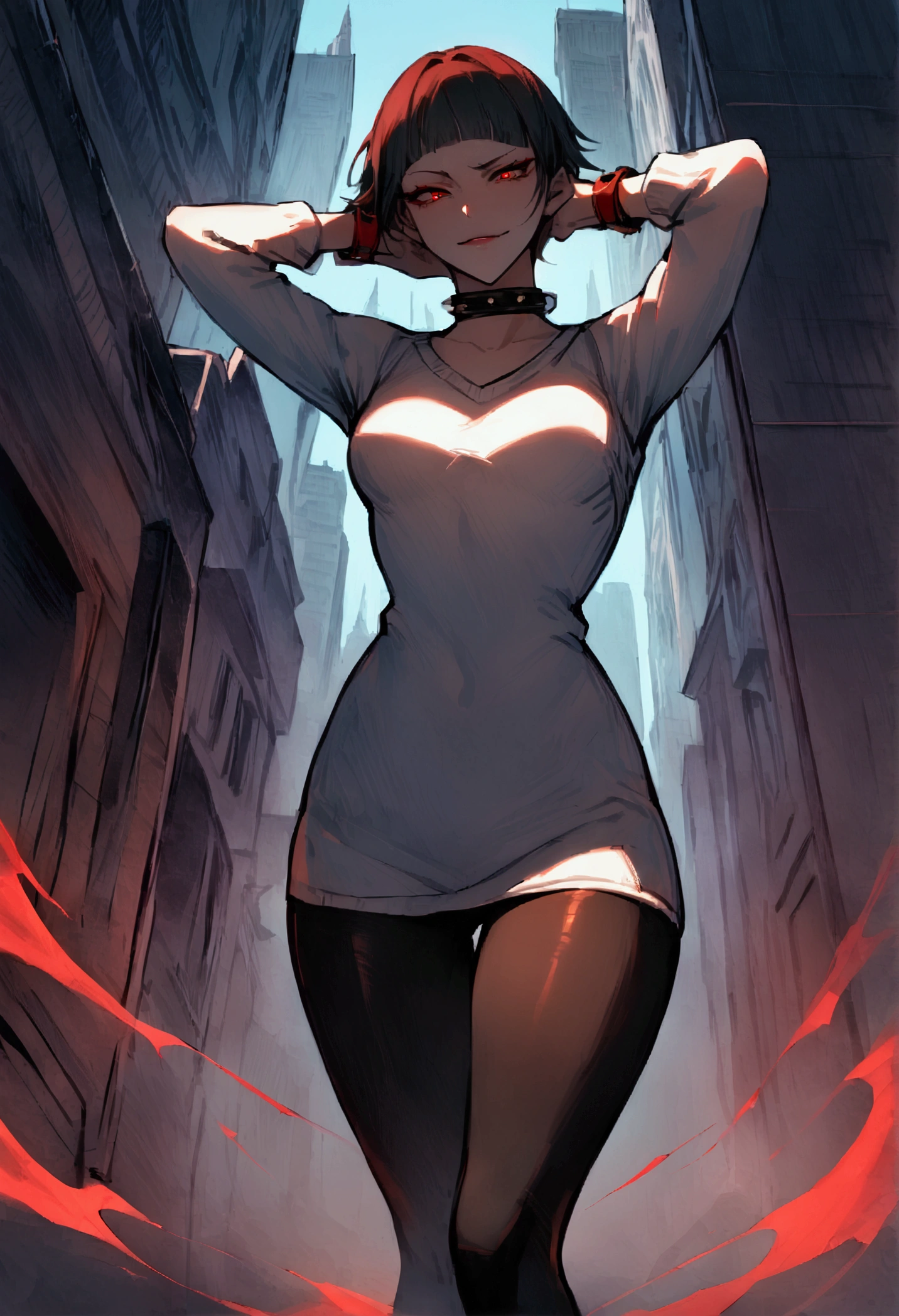 standing,alone,short hair,work of art,face detailed,young fitness linda,Wearing black pantyhose,tight white sweater with collar ,neckleace,evil smile,red eyes glowing,labiaa,eye shadow,bangs on the eyes,Hands behind the head ,background city

