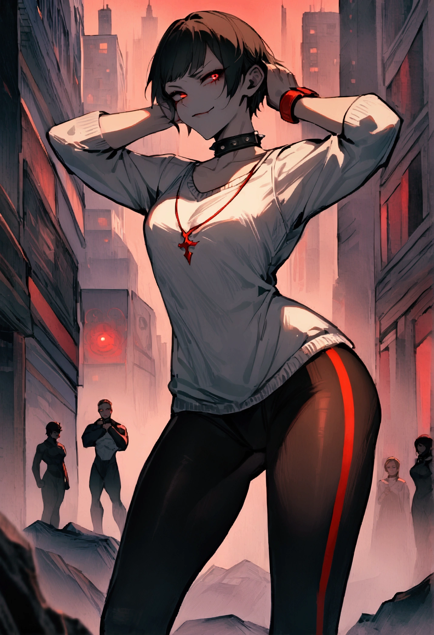 standing,alone,short hair,work of art,face detailed,young fitness linda,Wearing black pantyhose,tight white sweater with collar ,neckleace,evil smile,red eyes glowing,labiaa,eye shadow,bangs on the eyes,Hands behind the head ,background city

