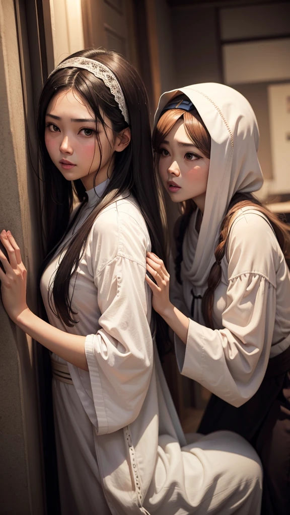 2 hermosas monjas coreanas semidesnudas, cuerpo exuberante, de espaldas, agachadas, mostrando el ano, abriendo sus nalgas, actitud pecaminosa, in a public toilet, estilo anime,