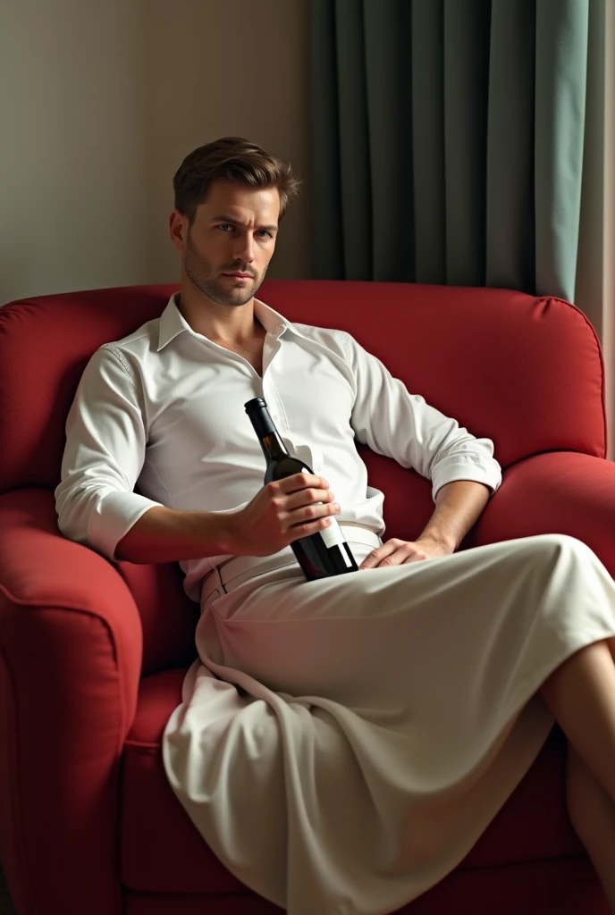 A white man, at 33 years old, with short hair,  blue colored eyes, wearing a white shirt and a skirt, lying on a red sofa and holding a bottle of wine
